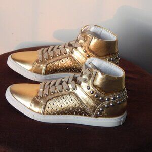 Alessandro Dell’ Acqua Studded High-Top Leather Sneaker Shoe Gold NIB Various Sz